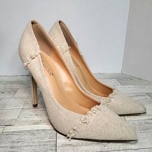 ShoeDazzel Pump Size 7.5 High Heel Pencil 4.5" Canvas Natural Fray‎ Fringe